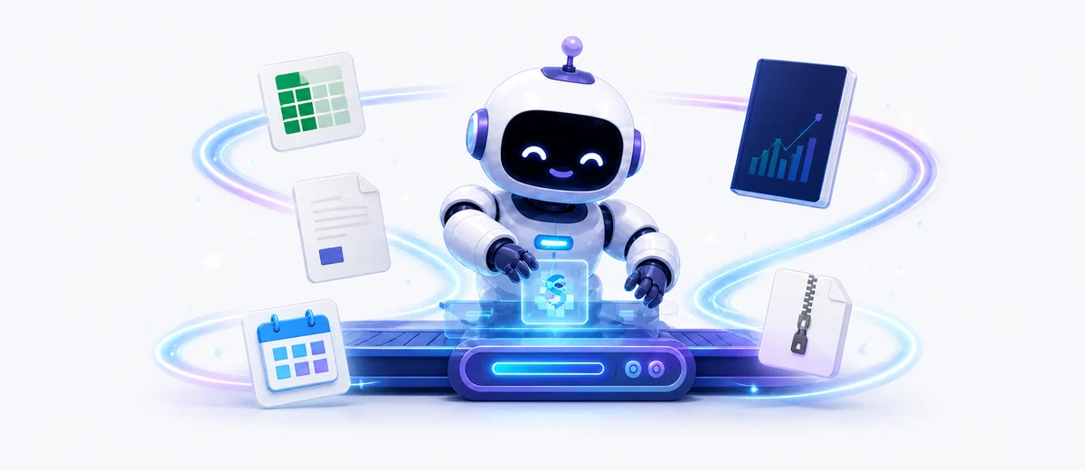 Stredy robot assembling a book, spreadsheet, planner and download package